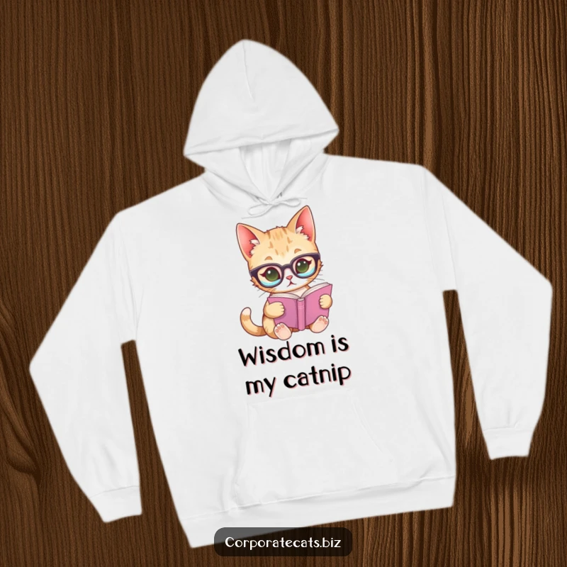 Funny hoodie featuring a curious cat sporting glasses while reading a miniature book, perfect for cozy reading sessions.