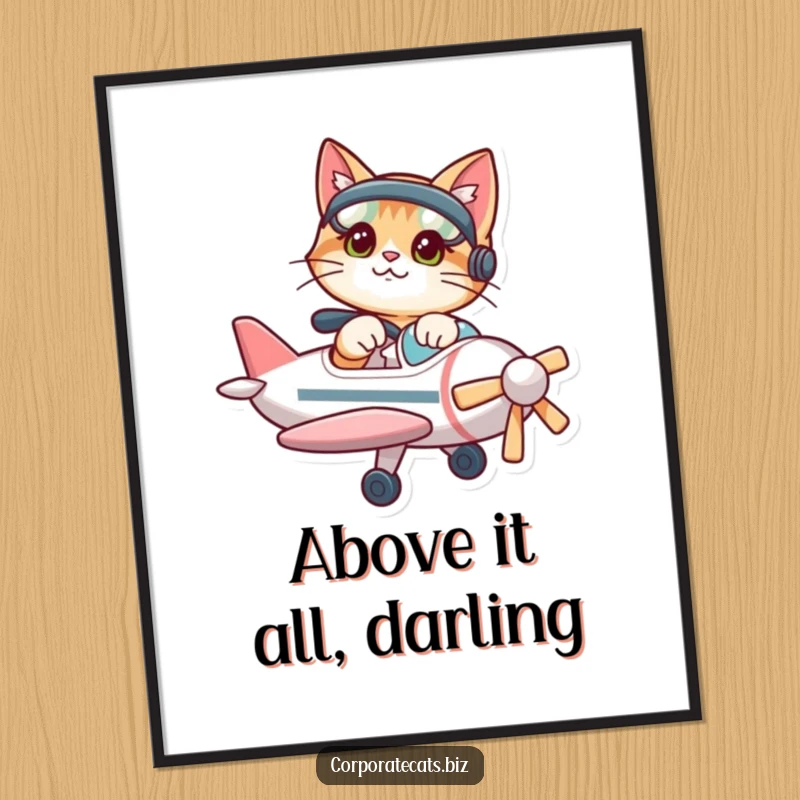 Funny free printable wall art of a determined cat captaining a tiny airplane, looking focused and ready for adventure.