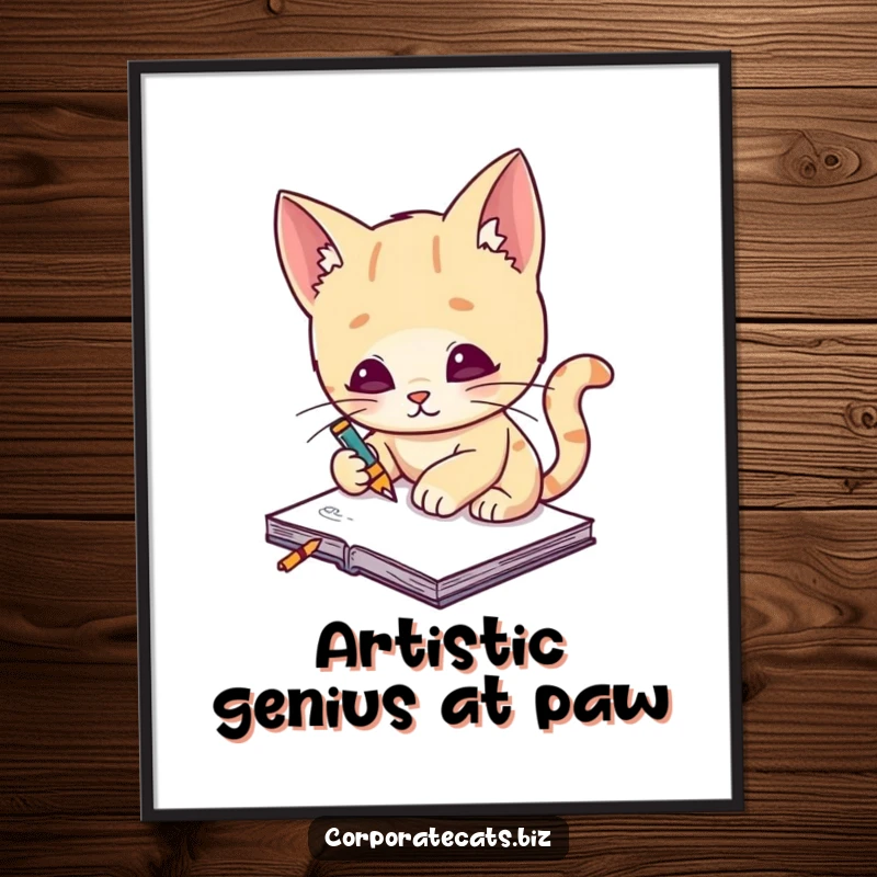 Funny Free Printable Wall Art: A focused cat artist sketches on a miniature notepad, bringing artistic humor to any room.