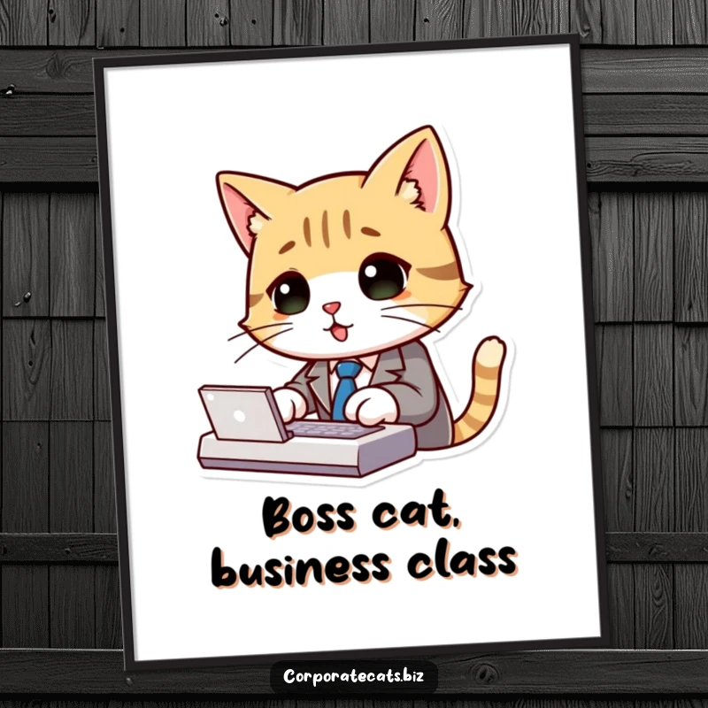Funny Free Printable Wall Art: A sharp cat in a suit and tie types with great enthusiasm, bringing business humor to your decor.