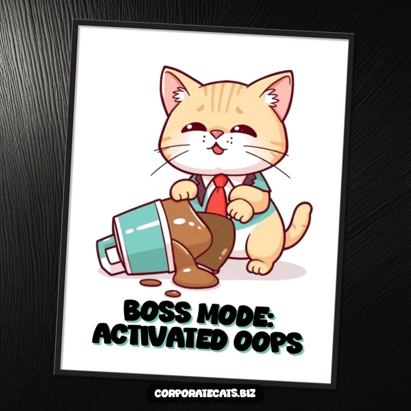 Funny Free Printable Wall Art: Cat executive spills coffee mug, creating a hilarious office scene, great decor.