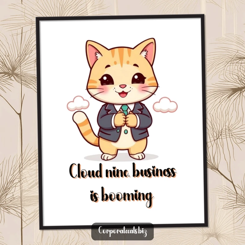 Funny free printable wall art: smiling cat in business suit shaking hands with a fluffy cloud.