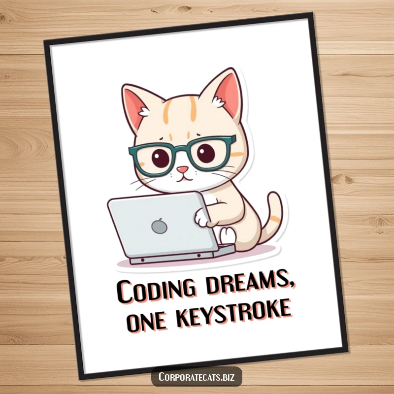 Funny Free Printable Wall Art: A focused cat sporting tiny glasses is engrossed in typing on a miniature laptop.