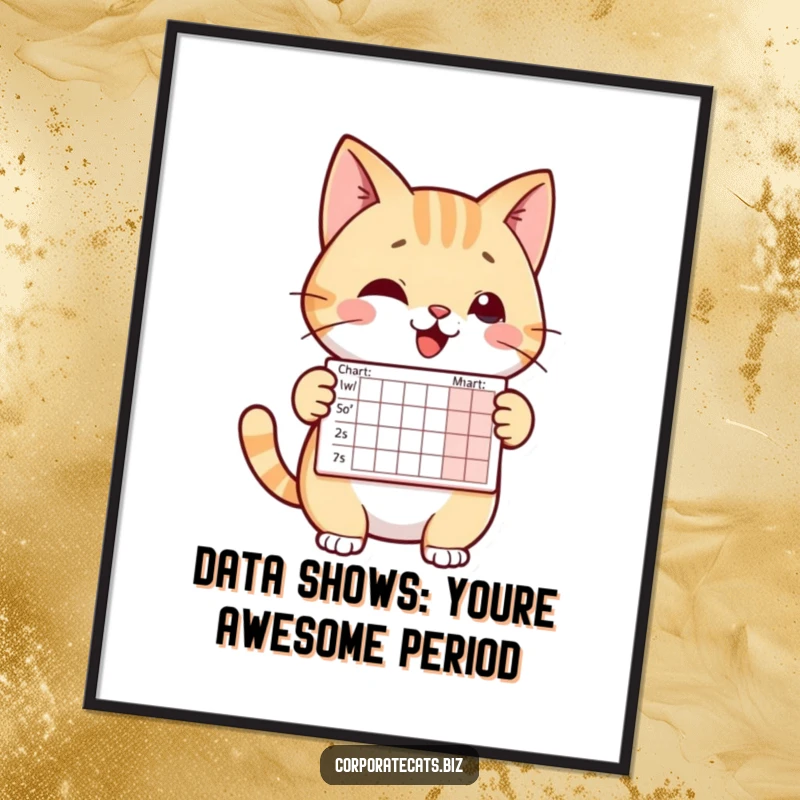 Funny free printable wall art of a cheerful cat character proudly displaying a tiny chart, symbolizing growth and achievement.