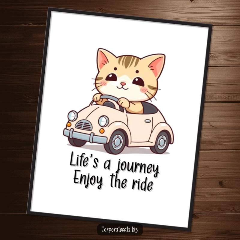 Funny free printable wall art showcasing a cute cat character joyfully driving a miniature toy car, ready for any adventure.