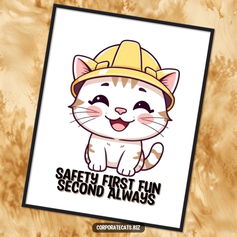 Funny free printable wall art of a smiling cat character wearing a tiny hard hat, looking ready for any construction task.