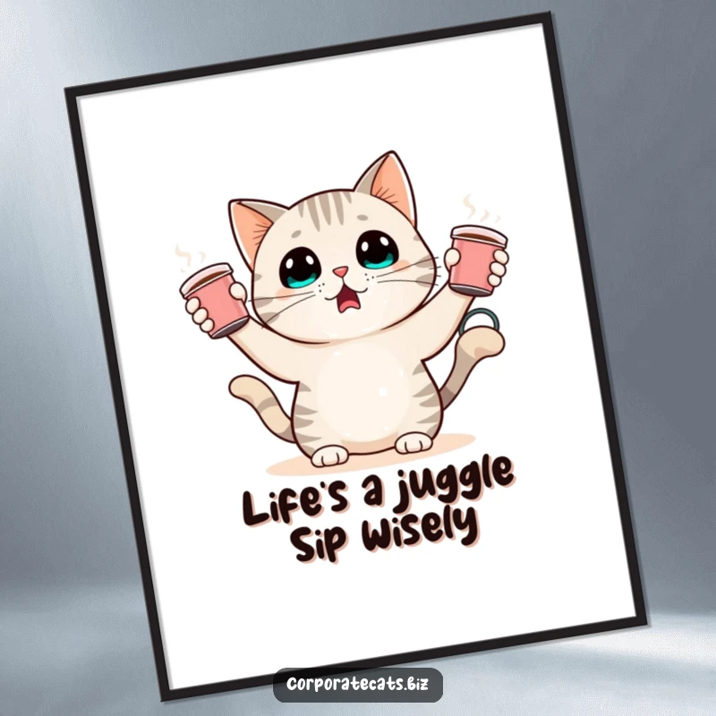 Funny free printable wall art of a surprised cat character comically juggling multiple tiny coffee cups with a look of mild panic.