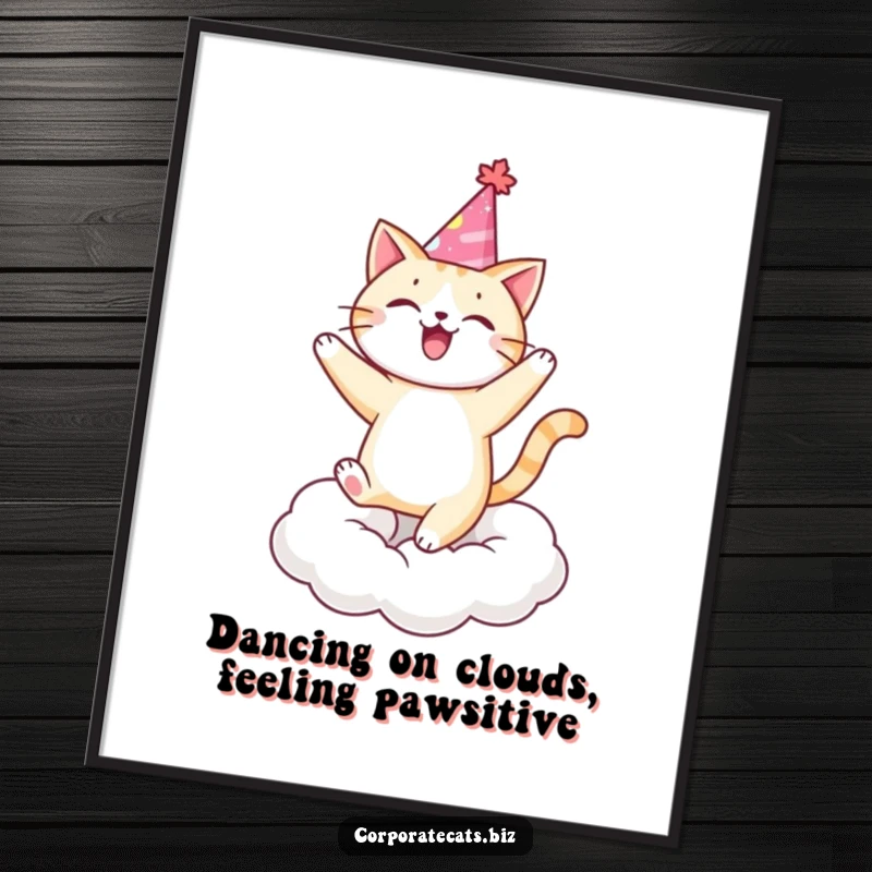 Funny free printable wall art: cheerful cat in party hat dancing exuberantly on a fluffy cloud.