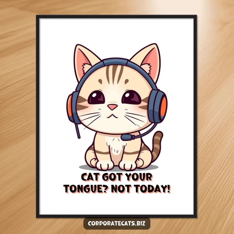 Funny Free Printable Wall Art: Cat engrossed in a video call, wearing a headset, adding a humorous touch to decor.