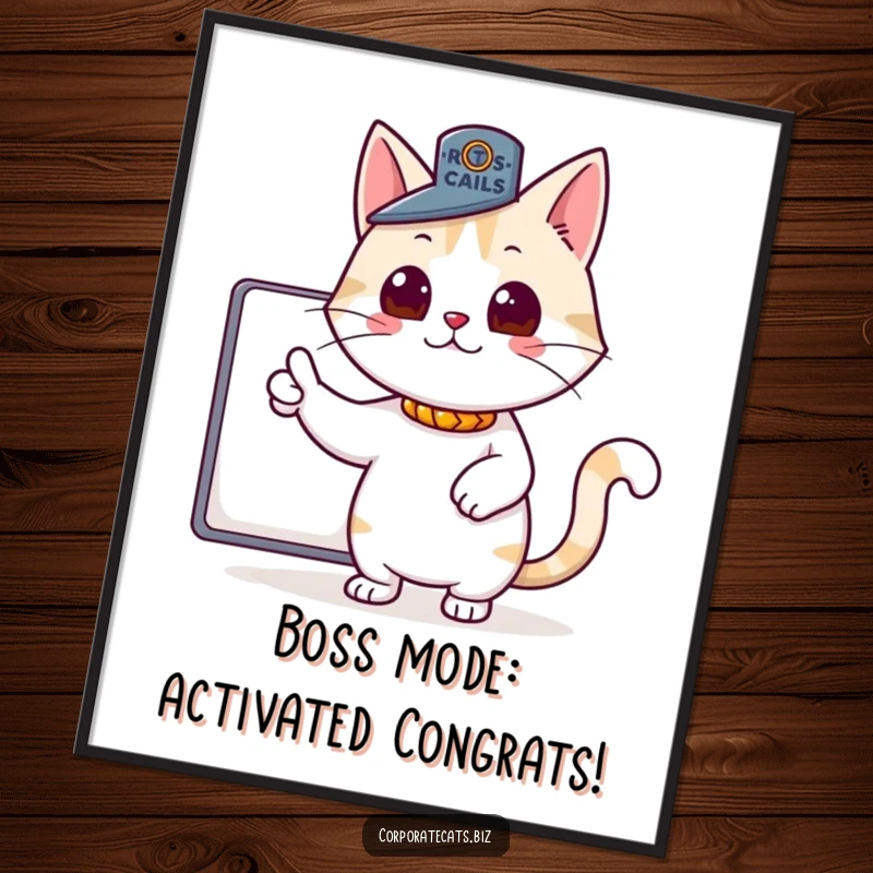 Funny Free Printable Wall Art: Proud cat wearing a tiny boss hat points authoritatively, exuding confidence.