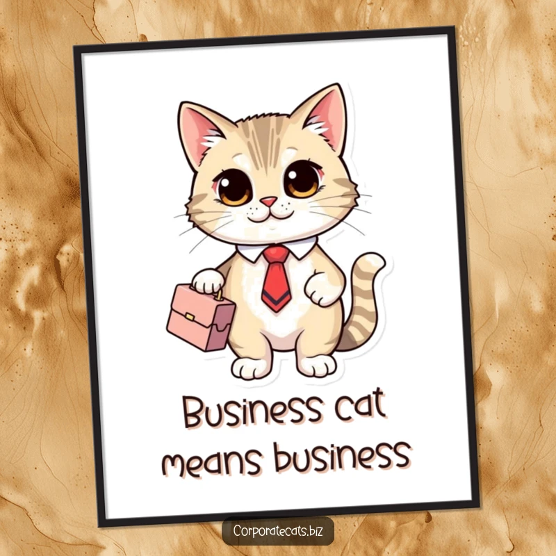 Funny Free Printable Wall Art: A cute cat wearing a tiny tie and holding a briefcase, exuding professionalism and charm.