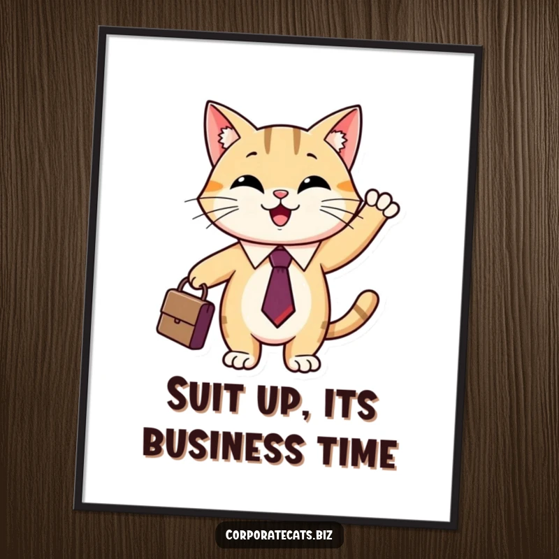 Funny Free Printable Wall Art: Dapper cat in tie waves tiny briefcase, ready for a humorous office or living space.