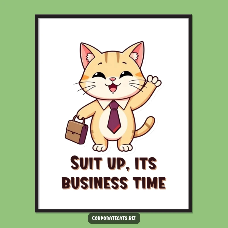 Free Printable Wall Art: Funny Cat in Tie Waving Briefcase for Humorous Home Decor Download