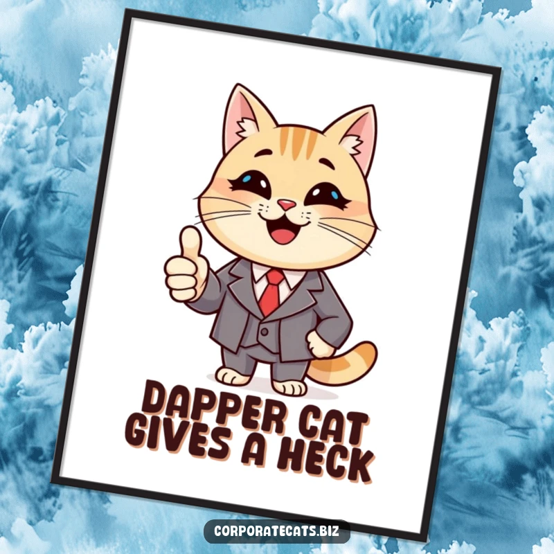 Funny Free Printable Wall Art: A smiling cat dressed in a suit confidently giving a thumbs up gesture.