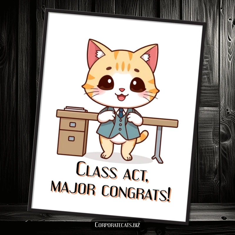 Funny Free Printable Wall Art: Smiling cat wearing a tiny suit elegantly crosses legs, exuding class.