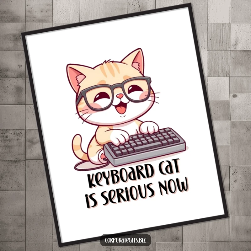 Funny Free Printable Wall Art: A cat wearing glasses typing furiously on a tiny keyboard, full of concentration.