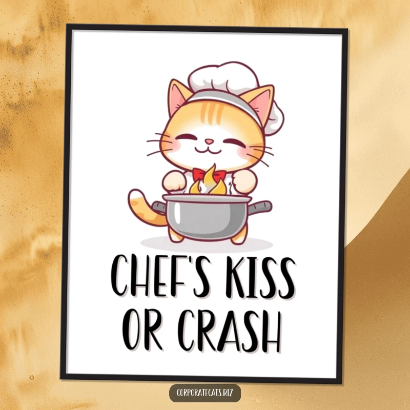 Funny Free Printable Wall Art: Cat chef drops a pot with a loud clang, adding comedic kitchen decor.