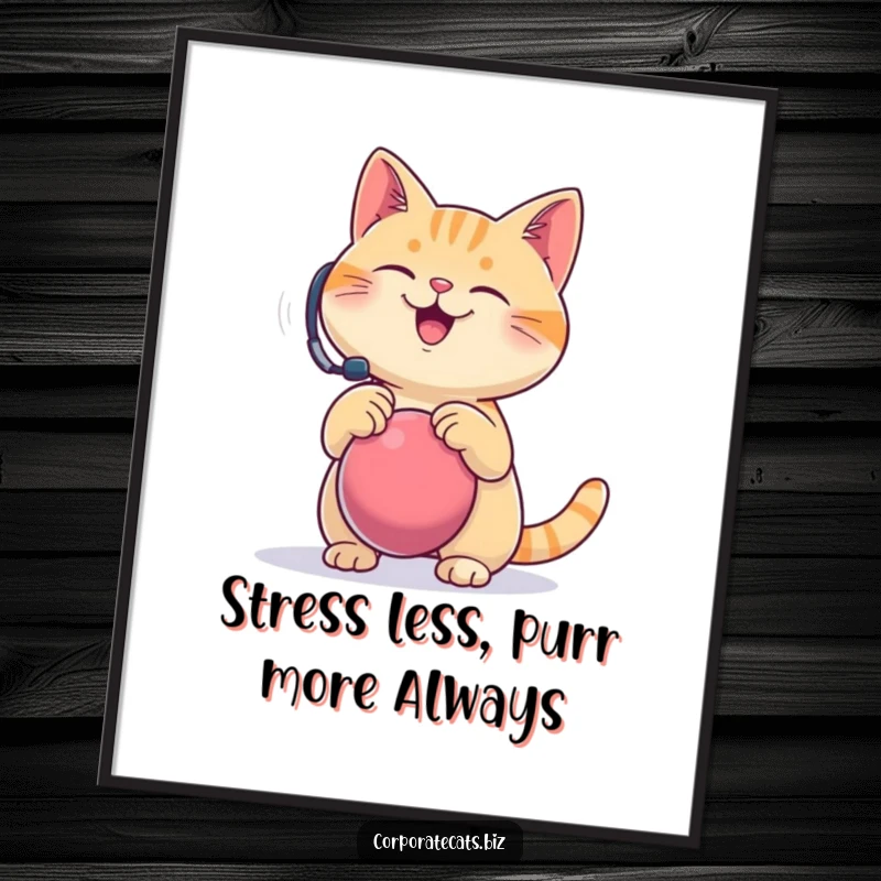 Funny free printable wall art of a cat wearing a headset, blissfully bouncing a stress ball, radiating happy, calm energy.