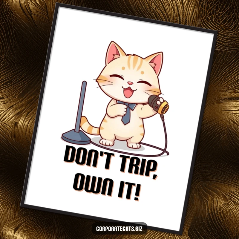 Funny Free Printable Wall Art: Cat presenter trips on microphone cord, captures a moment of relatable public speaking chaos.