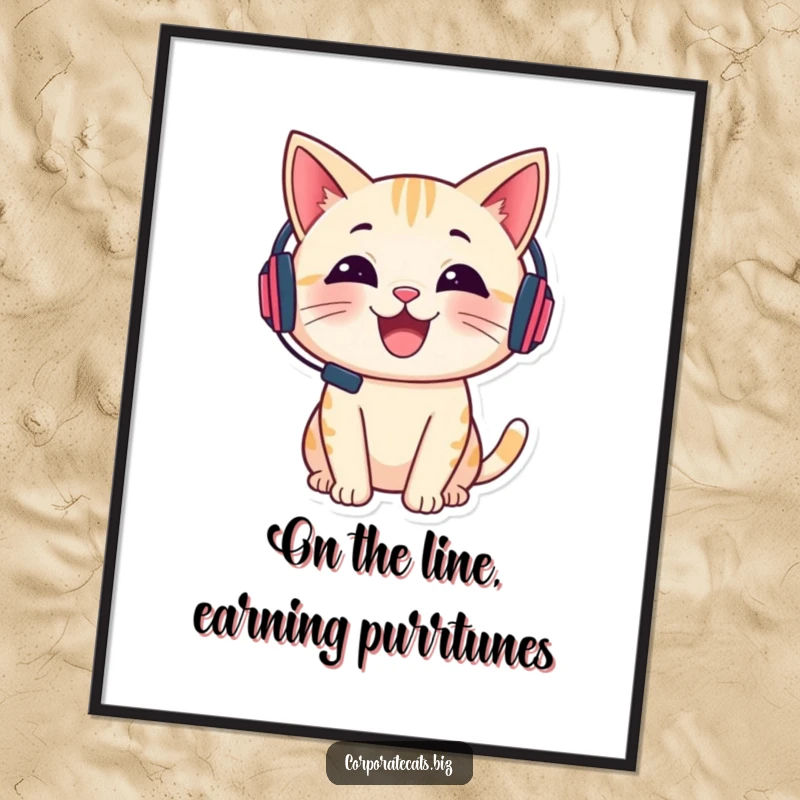 Funny Free Printable Wall Art: A cheerful cat sports a tiny headset and appears to be in mid-conversation, radiating friendly energy.