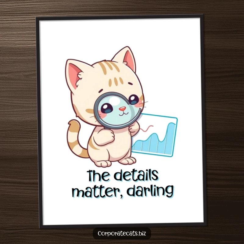 Funny free printable wall art showing a cat behind a magnifying glass, intently studying a business graph for hidden insights.