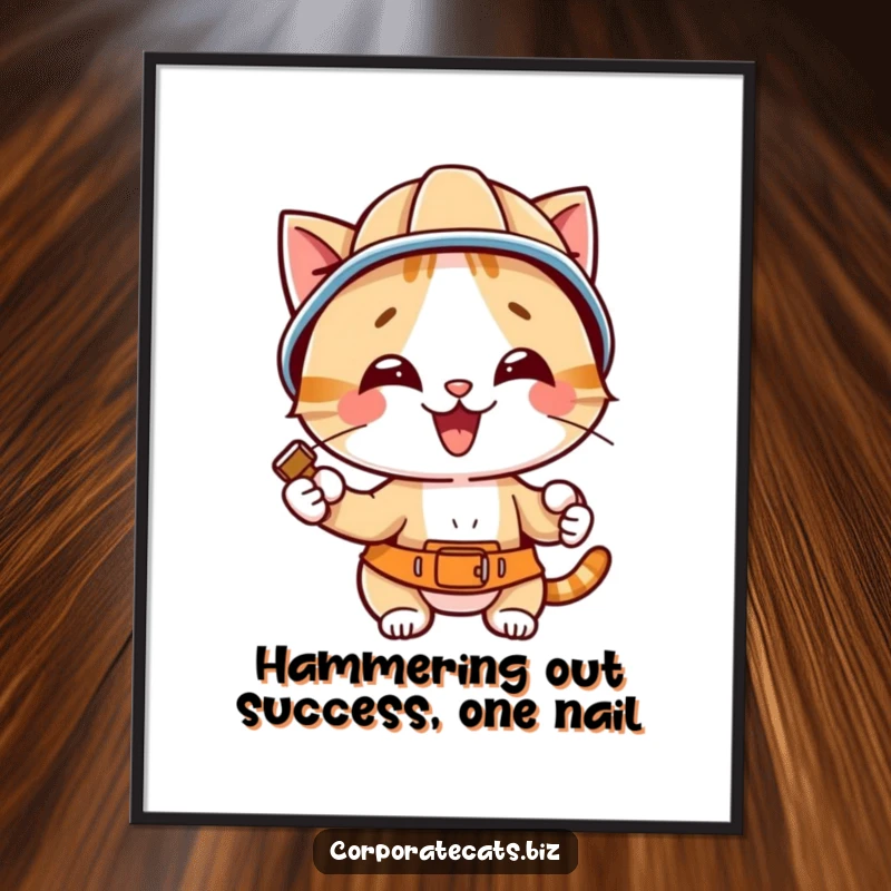 Funny free printable wall art of a cat wearing a hard hat, confidently hammering a nail, perfect for a workshop or quirky decor.