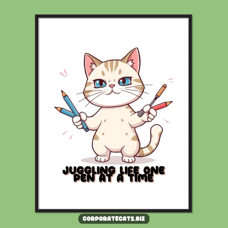 Funny Free Printable Wall Art: Juggling Cat's Determined Effort, Quirky Downloadable Decor
