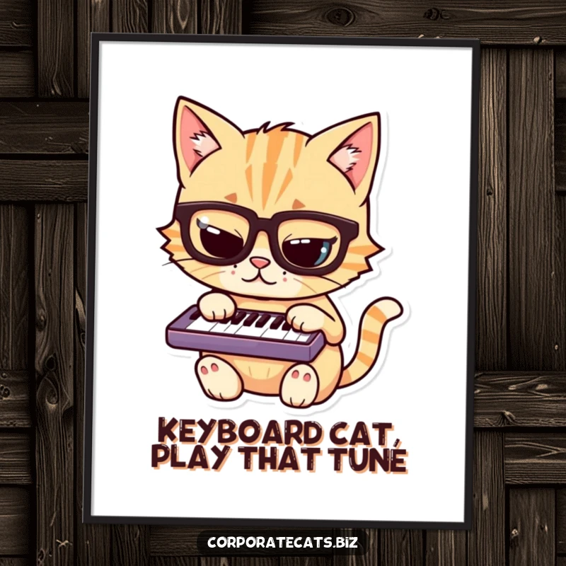 Funny Free Printable Wall Art: A mischievous cat wearing spectacles is playing a tiny keyboard with flair.