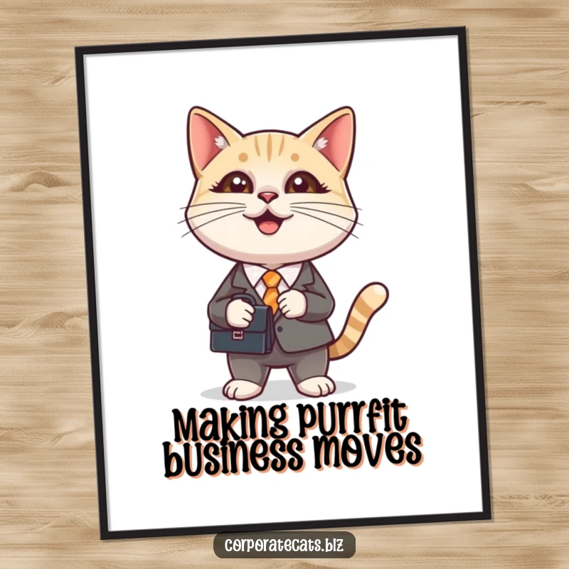 Funny Free Printable Wall Art: A smiling cat in a tiny suit holding a briefcase, exuding professional charm and quirky humor.