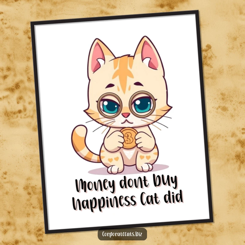 Funny Free Printable Wall Art: Cat in monocle examines a coin, a humorous downloadable piece for sophisticated spaces.