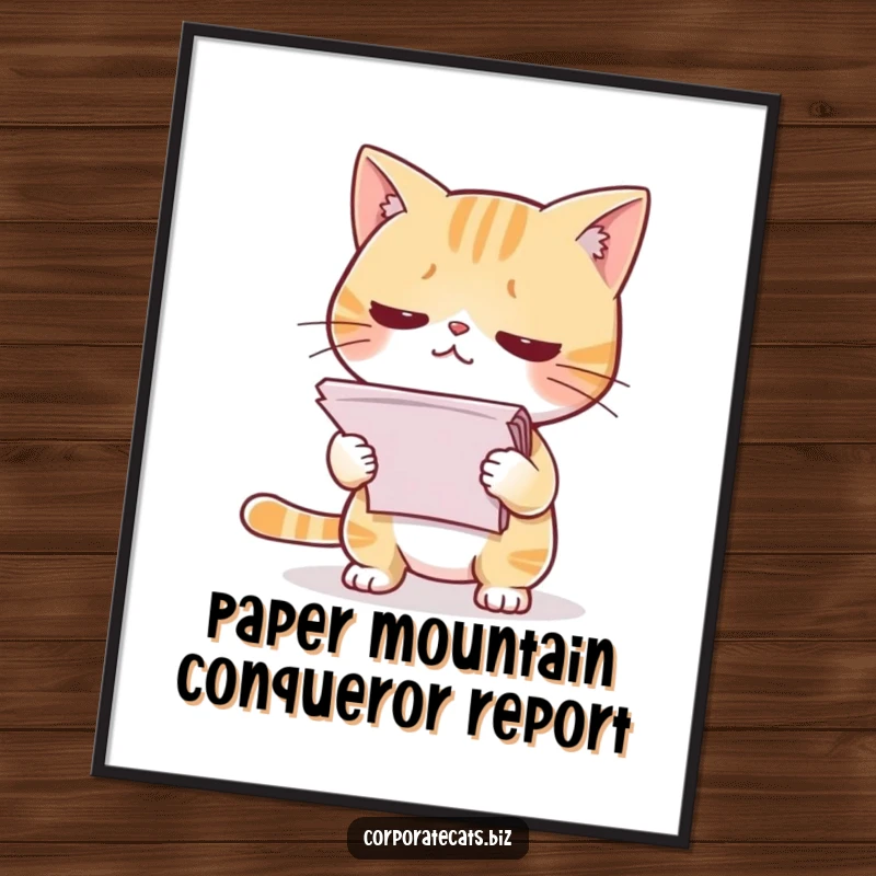 Funny Free Printable Wall Art: Cat looks stressed holding a huge stack of papers, creating a comical office-themed decor piece.