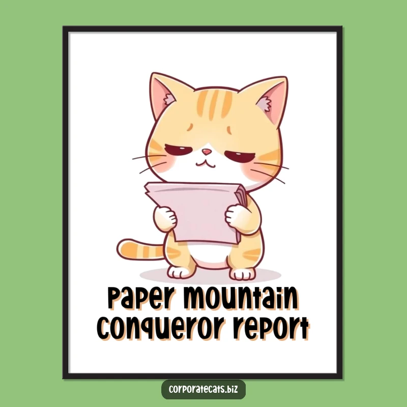 Funny Free Printable Wall Art: Nervous Cat with Papers, Quirky Downloadable Decor