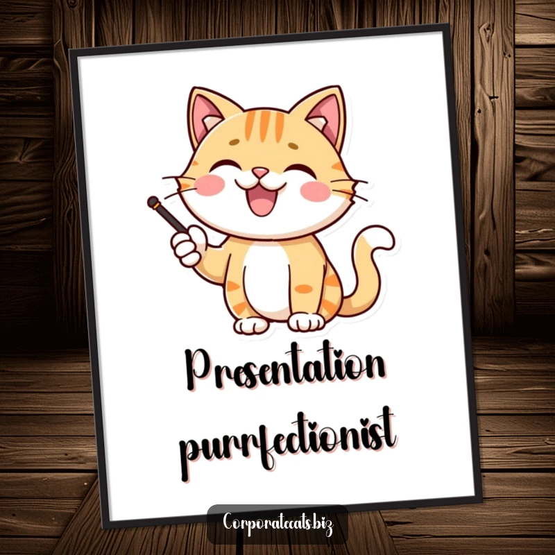 Funny Free Printable Wall Art: A joyful cat character beams, pointing with enthusiasm during a presentation.