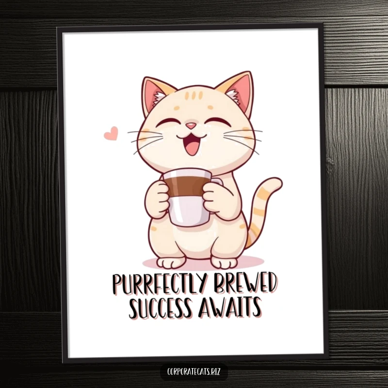 Funny Free Printable Wall Art: Triumphant cat holding a miniature coffee cup, celebrating caffeine victory, downloadable.