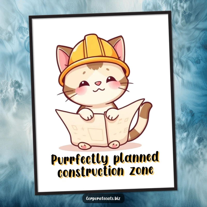 Funny Free Printable Wall Art: Playful cat in a tiny hard hat peers intently at construction blueprints, ready to build.