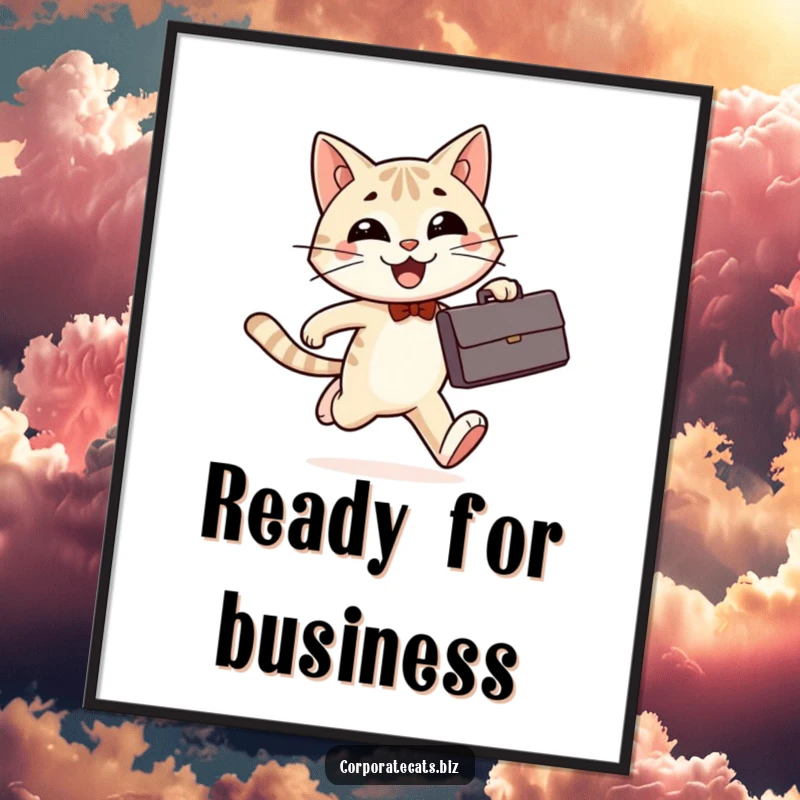 Funny Free Printable Wall Art: A smiling cat enthusiastically runs with a briefcase, embodying ambition and humor.