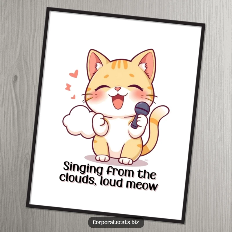 Funny free printable wall art: playful cat with a tiny microphone singing its heart out into a cloud.