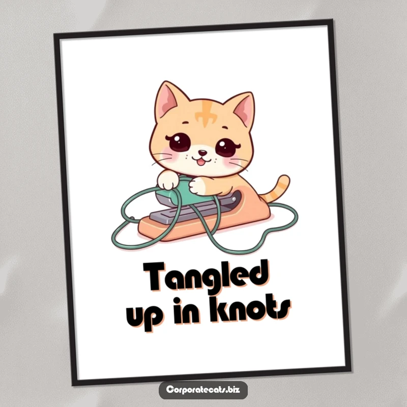 Funny Free Printable Wall Art: A cat stapler comically ensnared in its own electrical cord, looking utterly defeated.