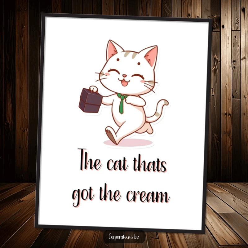 Funny Free Printable Wall Art: A smiling cat character runs quickly, holding a briefcase, embodying busy energy for your decor.
