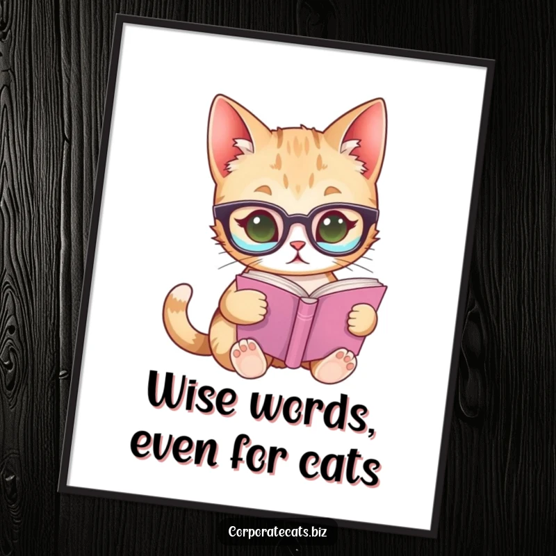 Funny Free Printable Wall Art: A curious cat wearing glasses, engrossed in reading a tiny book, embodying wisdom and charm.