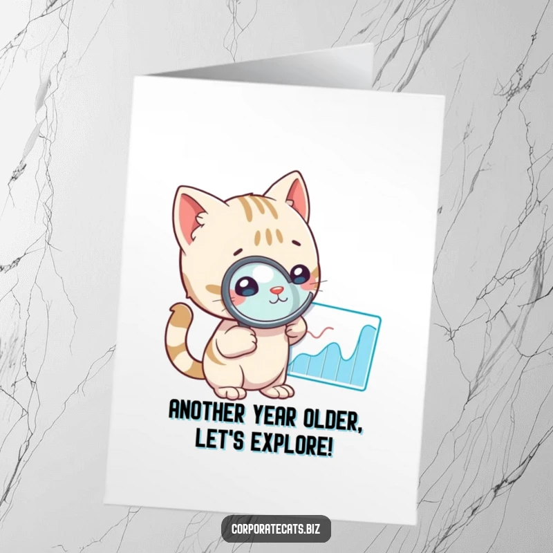 Funny free printable birthday card with a curious cat using a magnifying glass to inspect a graph, symbolizing keen observation.