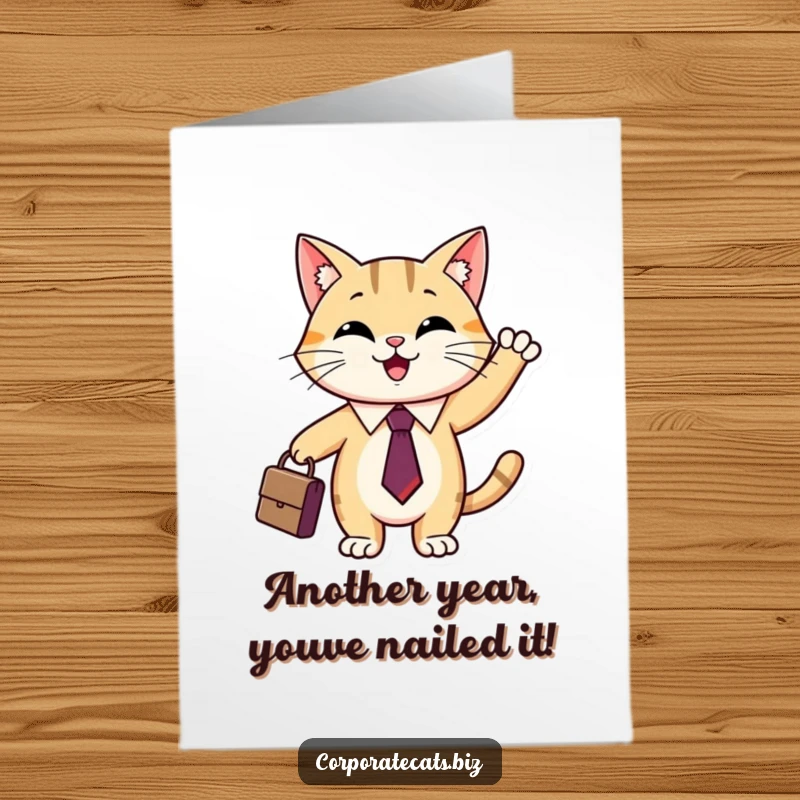 Funny Free Printable Birthday Card: Smiling cat in tie waves tiny briefcase, ready for a business-like celebration.