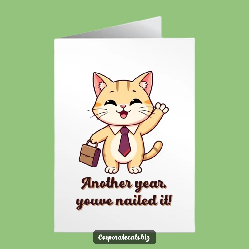 Free Printable Birthday Card: Funny Cat in Tie, Waving Briefcase for a Hilarious Downloadable Gift