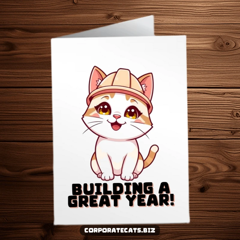 Funny Free Printable Birthday Card: A happy cat in a hard hat looks up attentively, ready to build birthday fun.