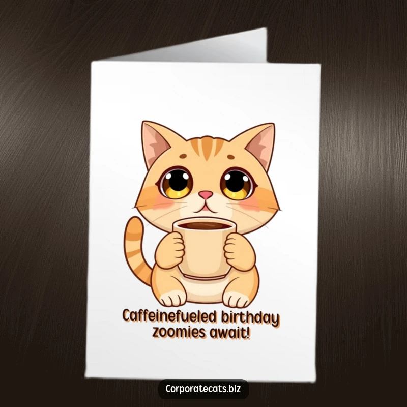 Funny Free Printable Birthday Card: Surprised cat with huge eyes clutching a steaming coffee cup, ready for a wild celebration.