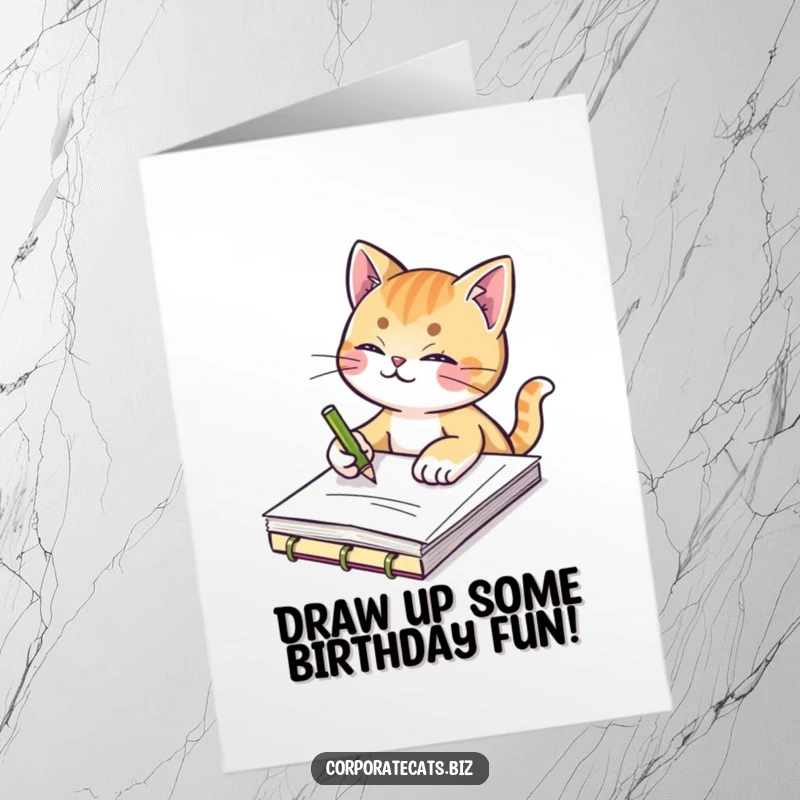 Funny Free Printable Birthday Card: A cat intently sketches on a small notepad, showcasing artistic focus.