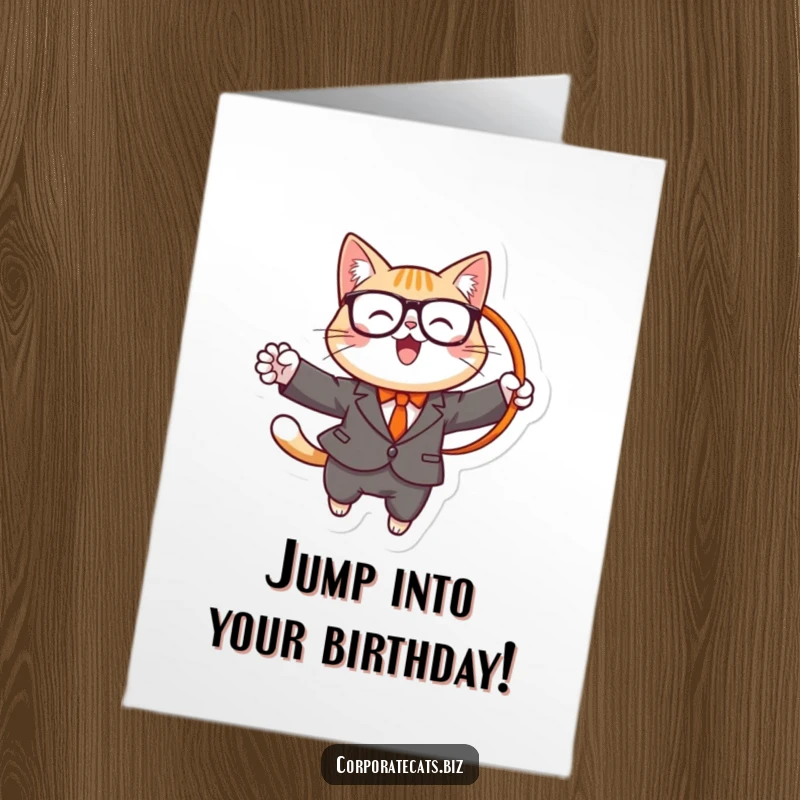 Funny Free Printable Birthday Card: A cheerful cat in a suit and glasses performs an impressive jump through a hoop gracefully.