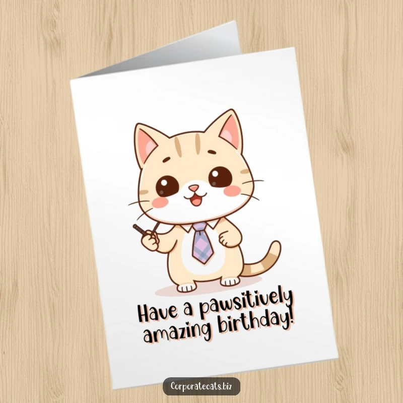 Funny Free Printable Birthday Card: A cute cat in a tiny tie uses a pointer to present birthday fun with enthusiasm