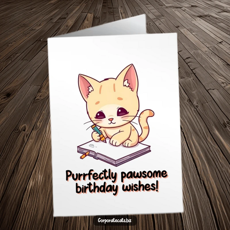 Funny Free Printable Birthday Card: Cat artist intensely sketching a masterpiece on a tiny notepad, full of creative concentration.