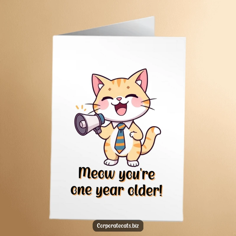 Funny Free Printable Birthday Card featuring an excited cat in a tie cheering with a tiny megaphone.